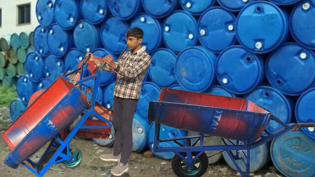 Incredible process of making wheel barrow out of plastic oil drum 