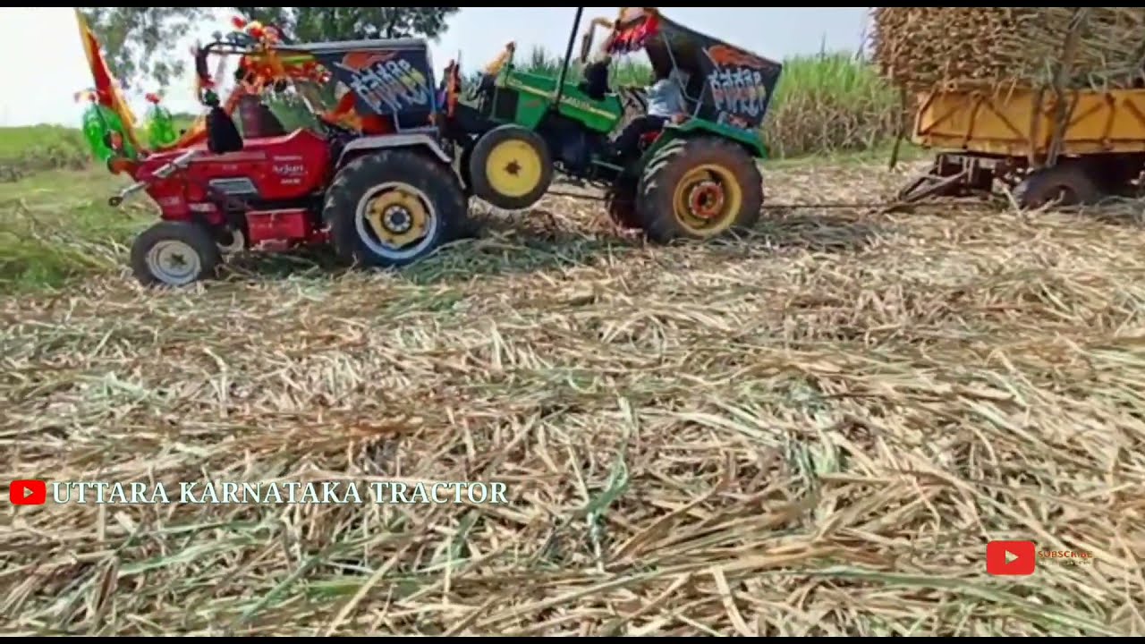 Mahindra Arjuna 💥 and john deere tractor 🔥💥 pulling sugarcane loaded trailer🚜💥