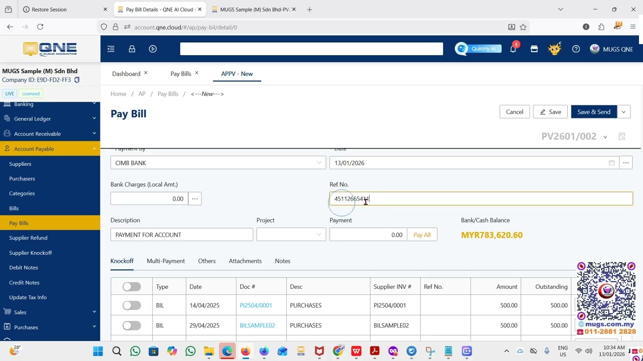 怎样 issue Supplier Pay Bill to knock off bill in QNE Cloud