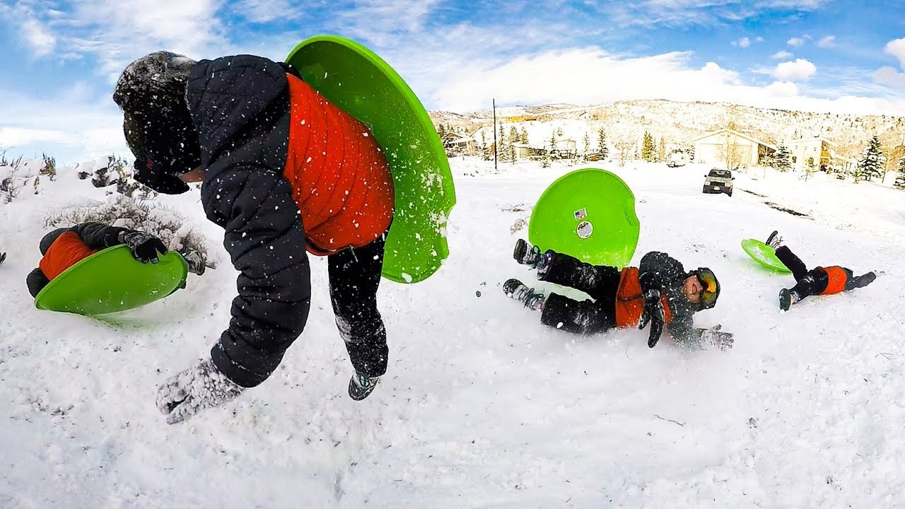 Kids catching air Snow Sledding! 🎿❄️