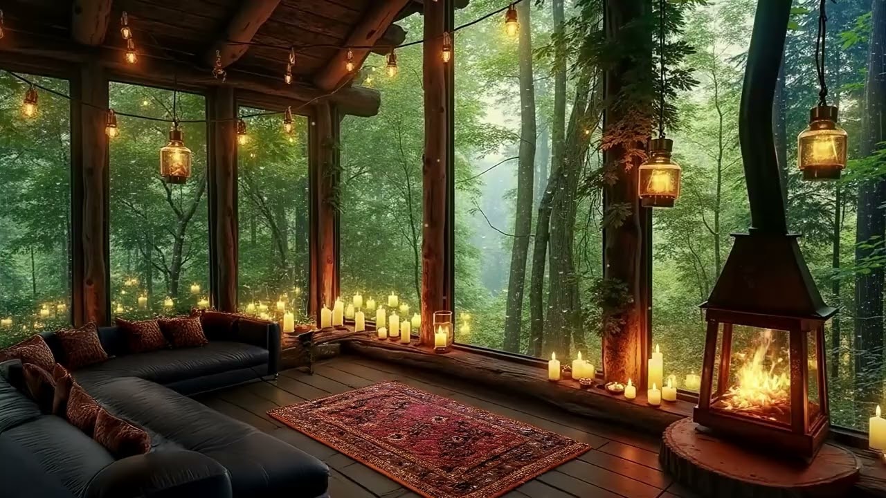 Cozy Rainy Forest Cabin & Crackling Fireplace Jazz Music for Stress Relief