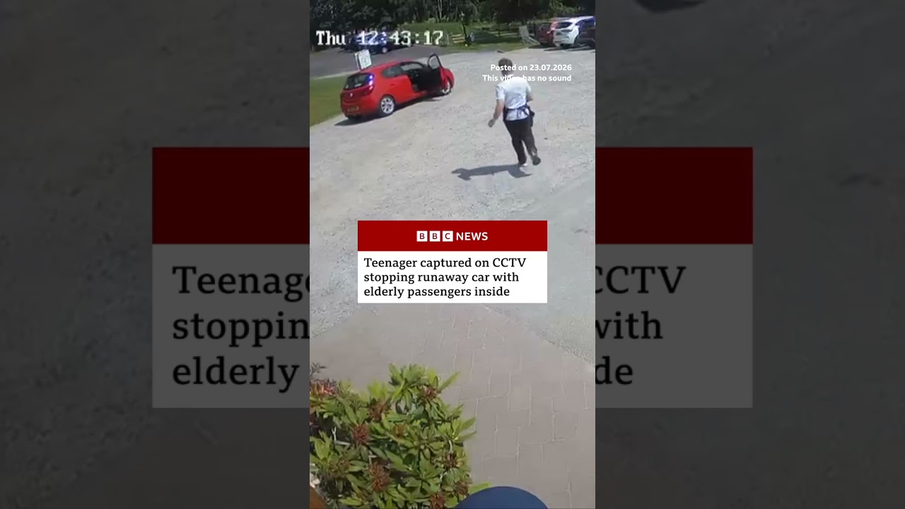 Teenager captured on CCTV stops runaway car with elderly passengers inside. #BBCNews