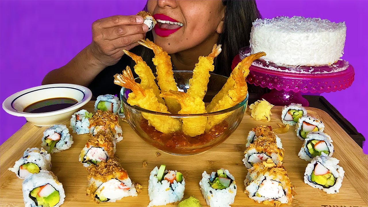 ASMR EATING SPICY SUSHI+TEMPURA COCONUT SHRIMP & CREAMMY COCONUT CAKE MUKBANG { ASMR EATING SOUNDS}
