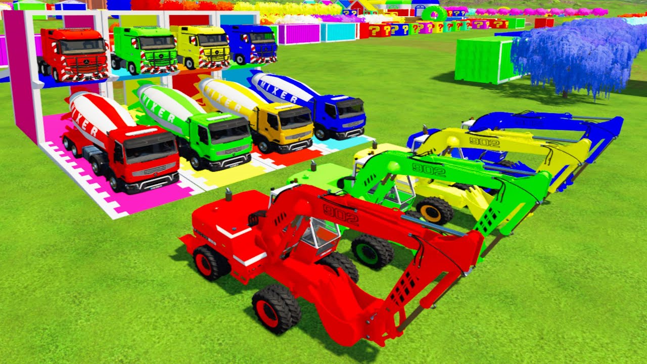 Garage With Color - ALL COLROFUL LIEBHER EXCAVATOR, RENAULT MIXER TRUCK TRANSPORTING TO GARAGE #fs22