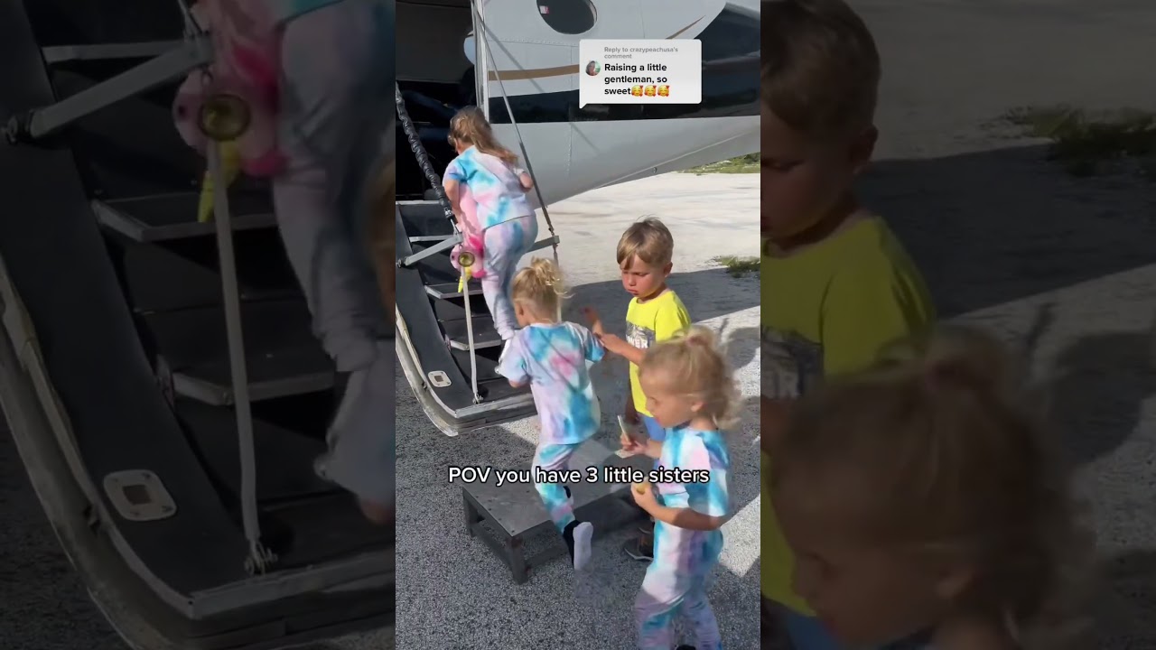 Big brother helps his 3 little sister to get into the plane ✈️