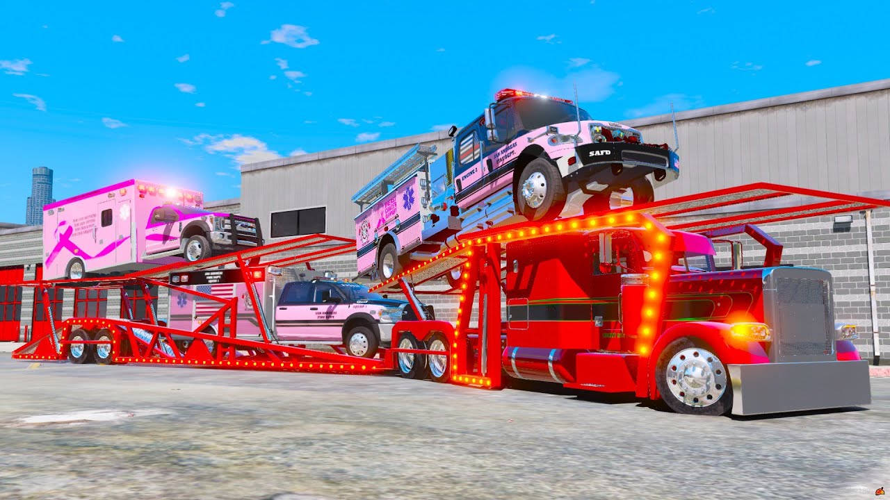 New Car Hauler Towing Pink Fire Trucks in GTA 5 RP