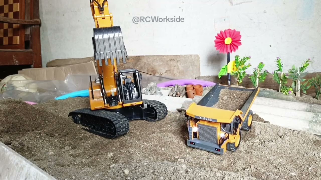RC Excavator and Dump Truck Working in Sand | Mini Construction Scene