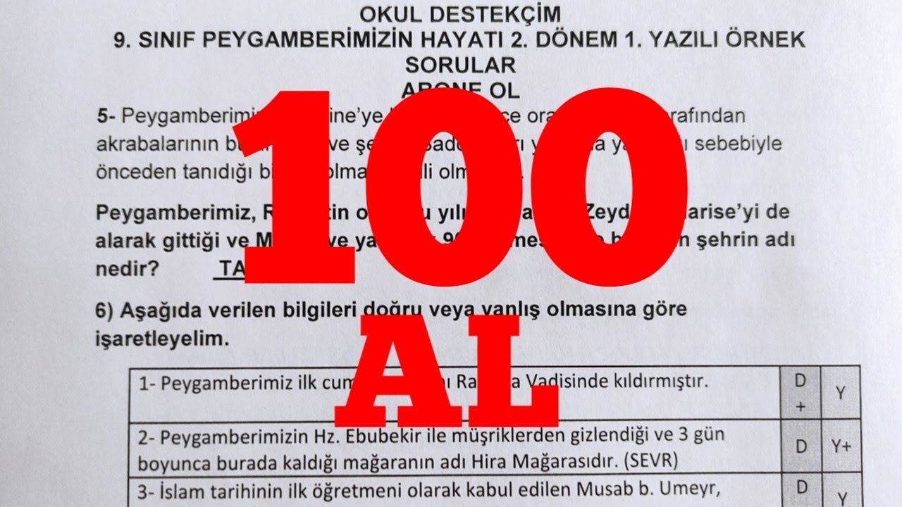 9. Sınıf Peygamberimizin Hayatı 2. Dönem 1. Yazılı