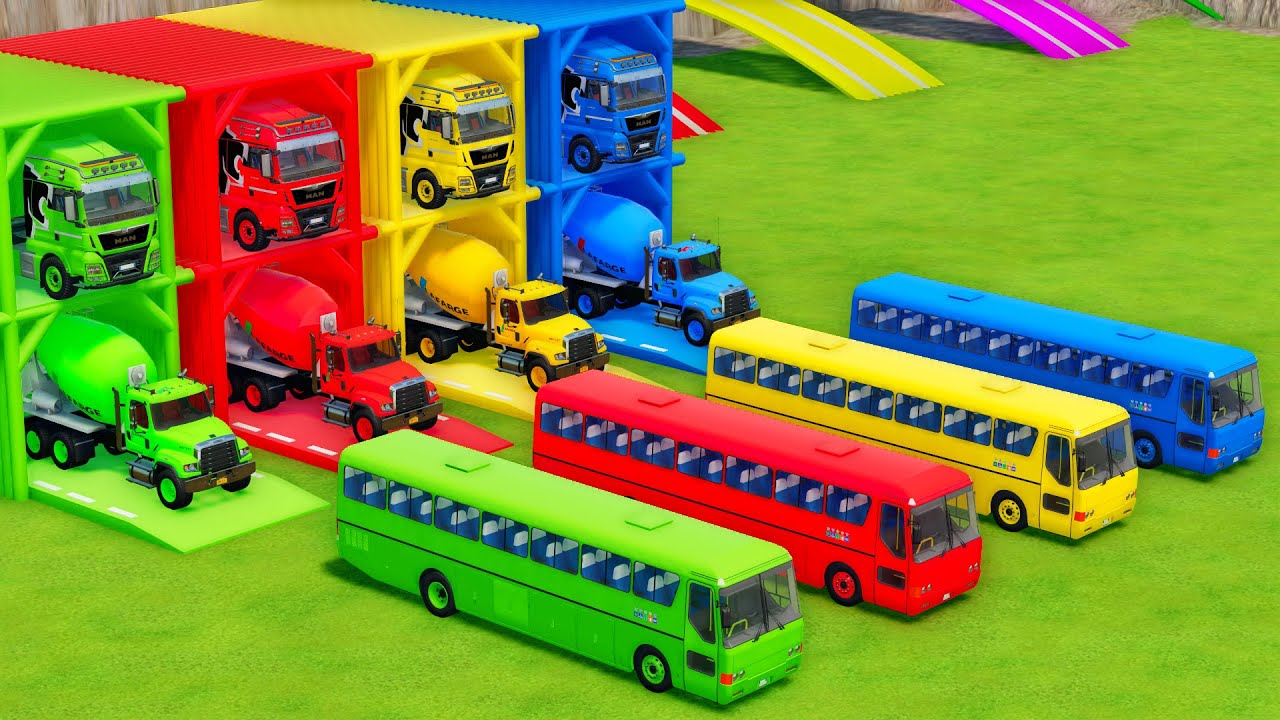 Garage with Colors - ALL MIXER TRUCK WITH DOUBLE FLATBED TRAILER TRUCK, MAN, FREIGHTLINER, LIZARD