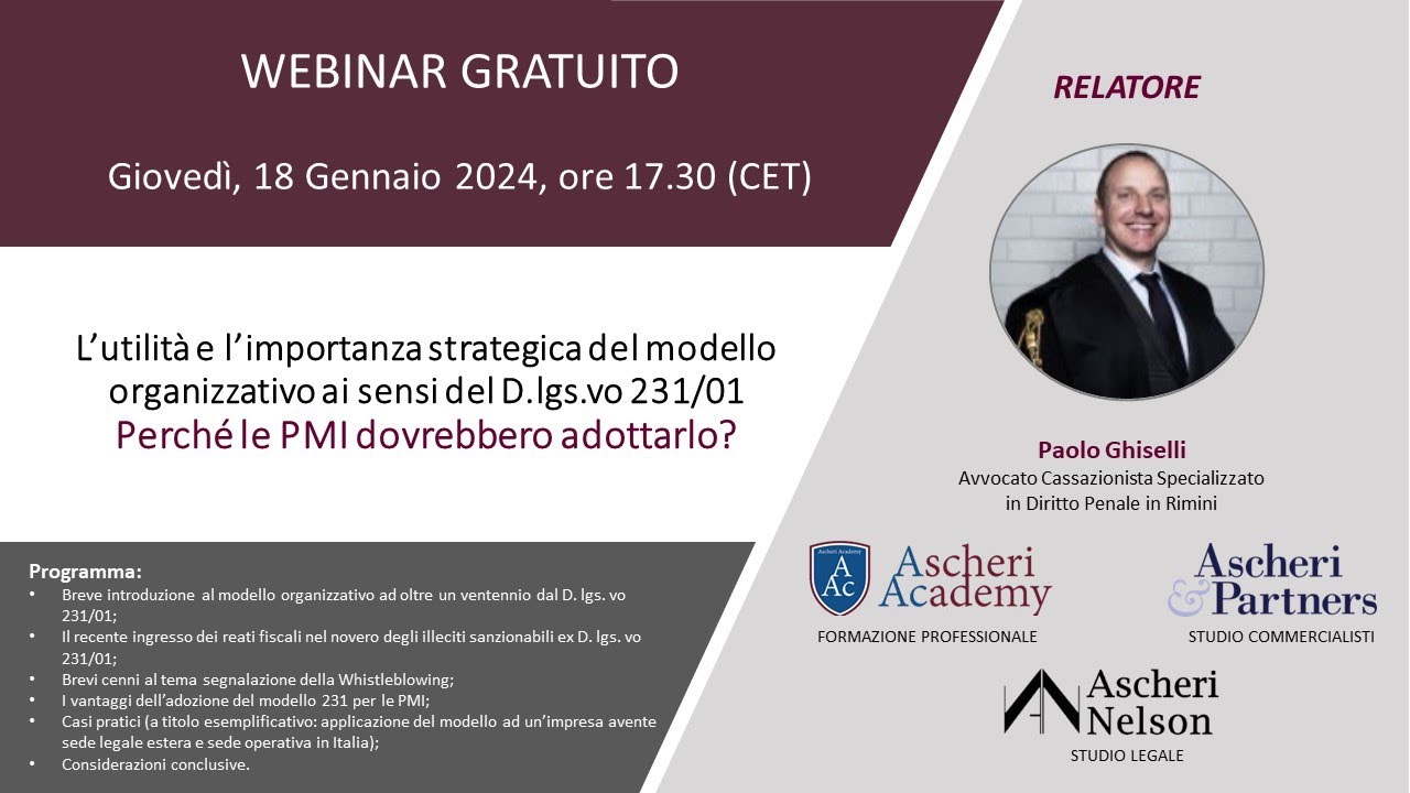 Webinar: L’utilità e l’importanza strategica del modello organizzativo ai sensi del D.lgs.vo 231/01
