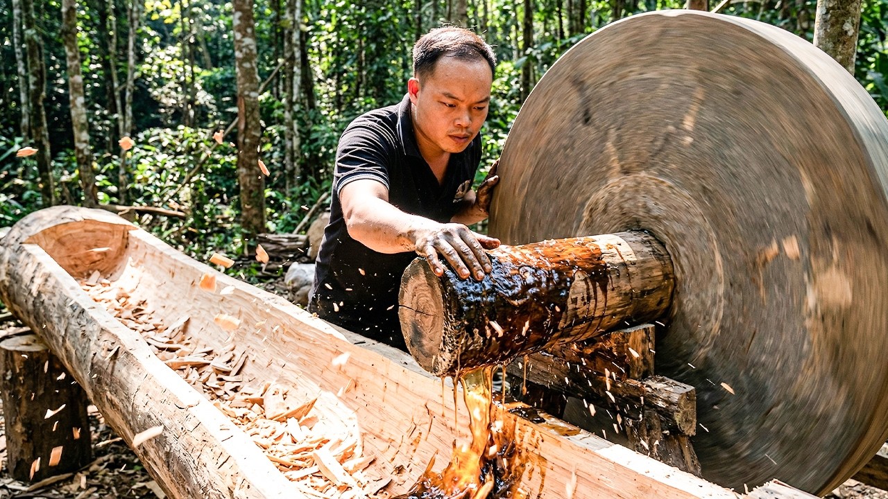 Primitive Skills: I Used Wild Boar Fat to Lubricate the Grinding Wheel Shaft & Carved a Trough