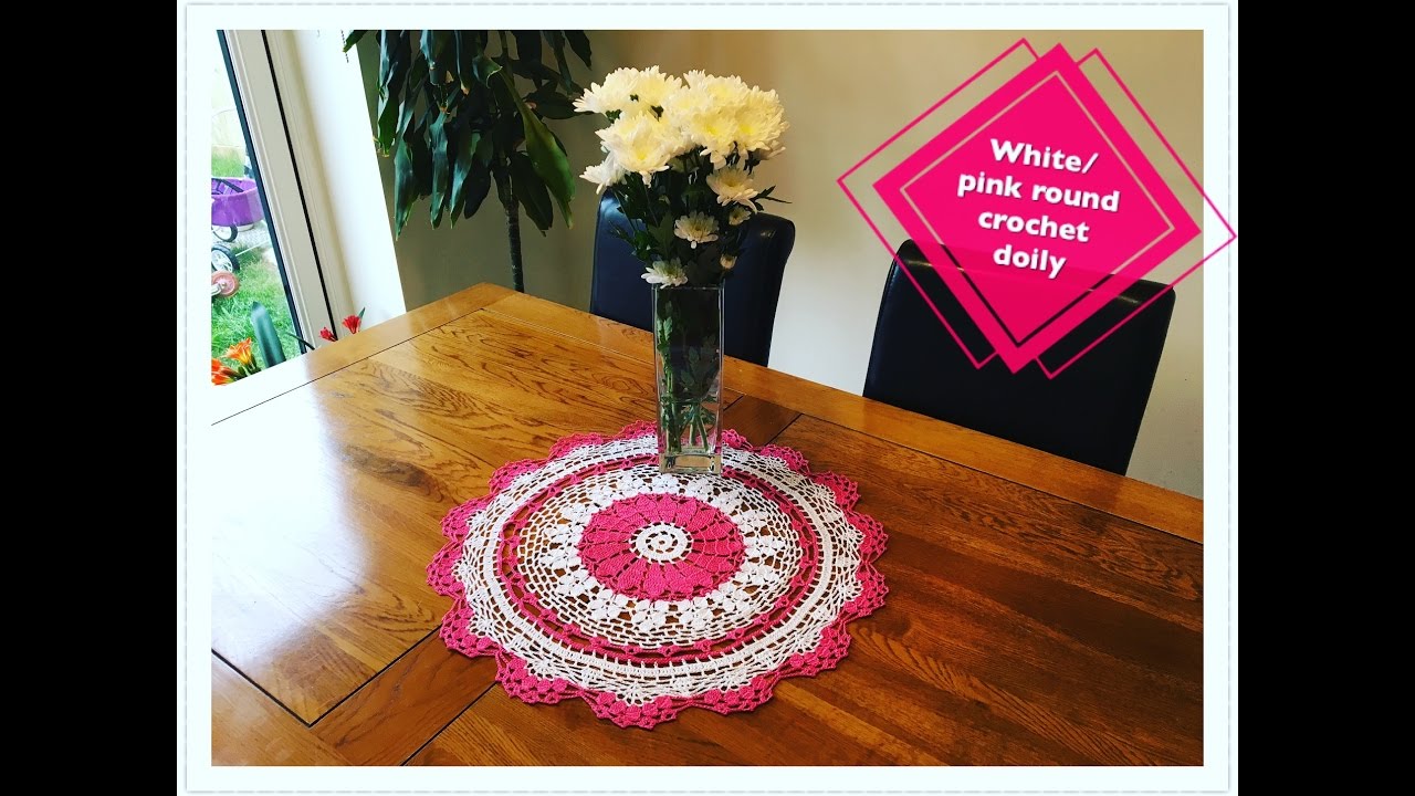 How to crochet white:pink round doily Part 2 of 2