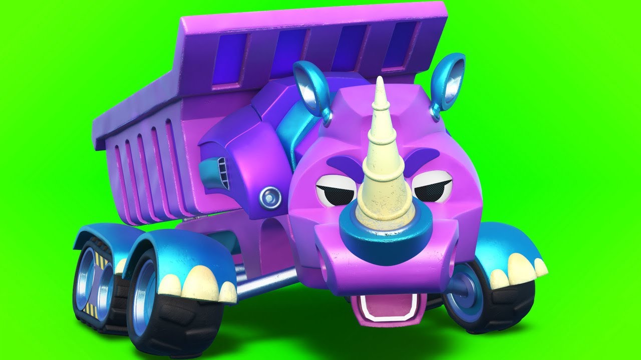 AnimaCars - RHINO DUMP TRUCK didn't eat BREAKFAST  - Cartoons for kids with trucks & animals