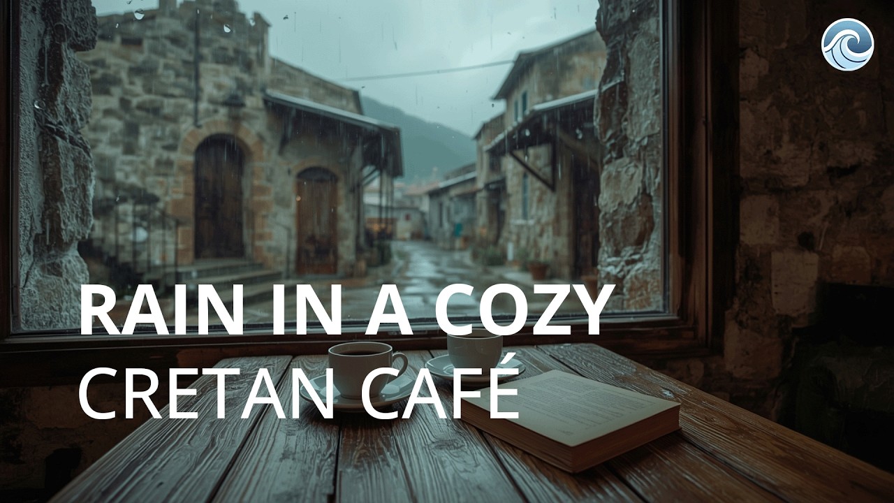 5 Hours of Rain in a Cozy Cretan Café | Window Rain Sounds, Calm Ambience