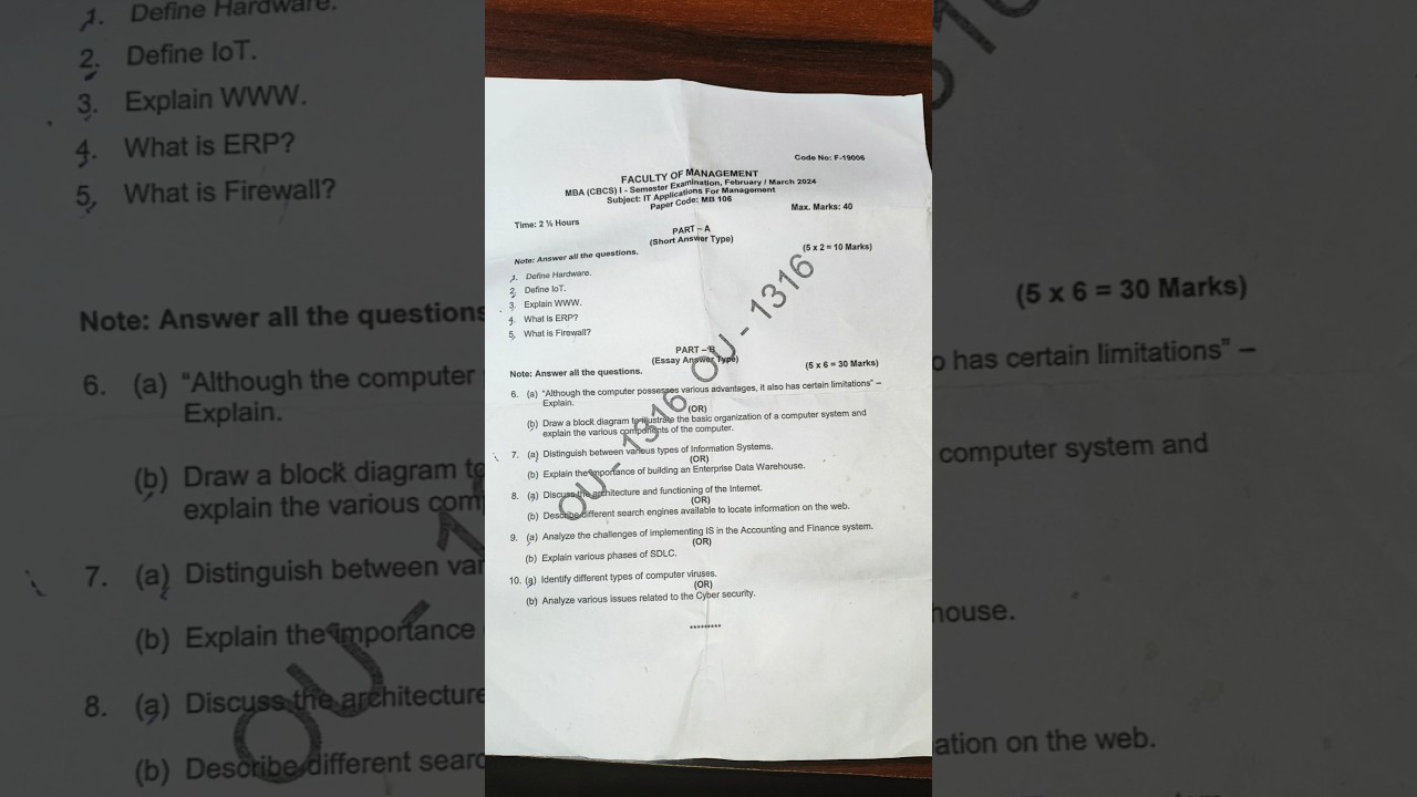 OU MBA 1st SEM IT APPLICATIONS FOR MANAGEMENT || 2024 Question paper | #oumba #managementdepartment