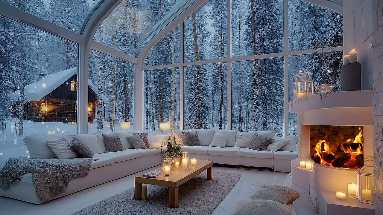 White Winter Piano Lounge ❄️ Cozy Fireplace & Snow Window for Study & Sleep