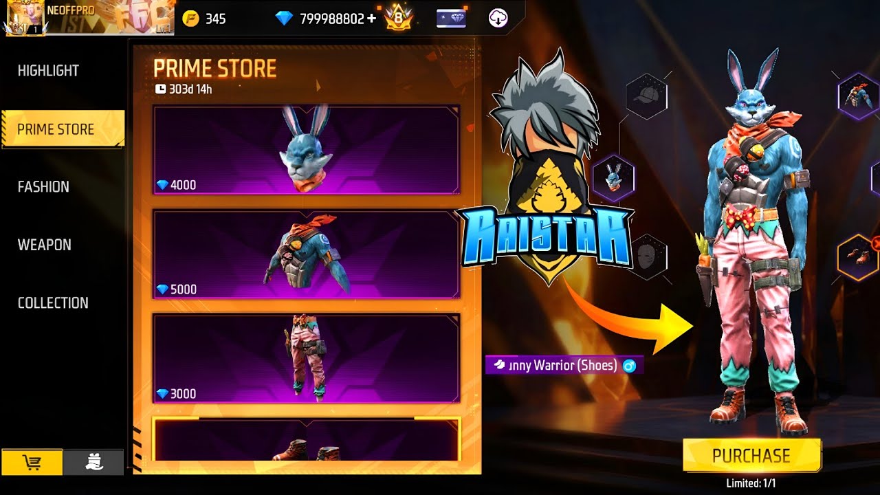 Free fire Raistar new bundle in prime store Spend 8,000,000,000 Diamond 💎 🤑 💸 Lv1 .1 Account