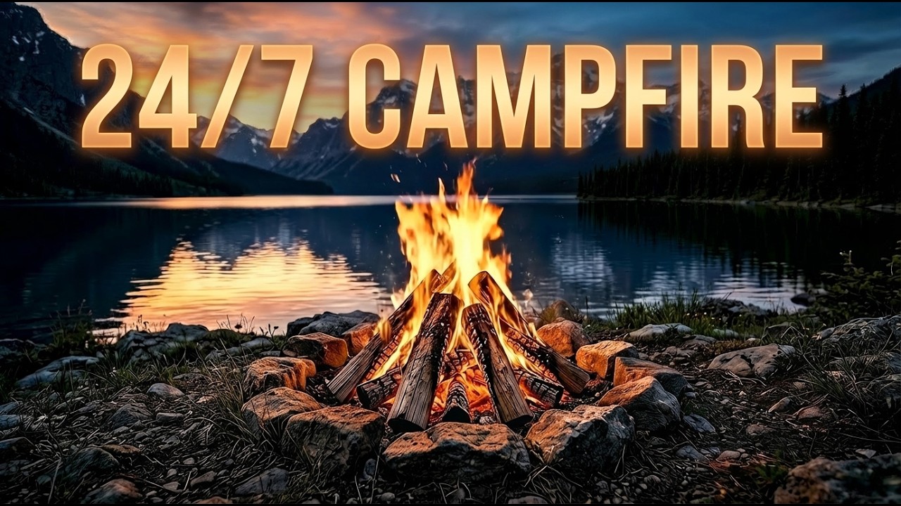 LIVE 24/7 Campfire 🔥 Mountain Lake Night Ambience | Relax, Sleep, Study