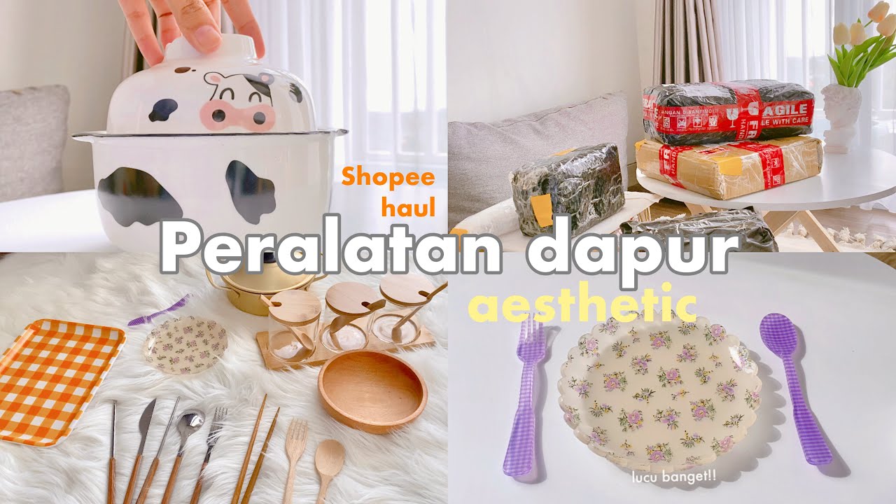 shopee haul peralatan dapur aesthetic! 🍹🥘 piring motif korea, gelas lucu, serba kayu~