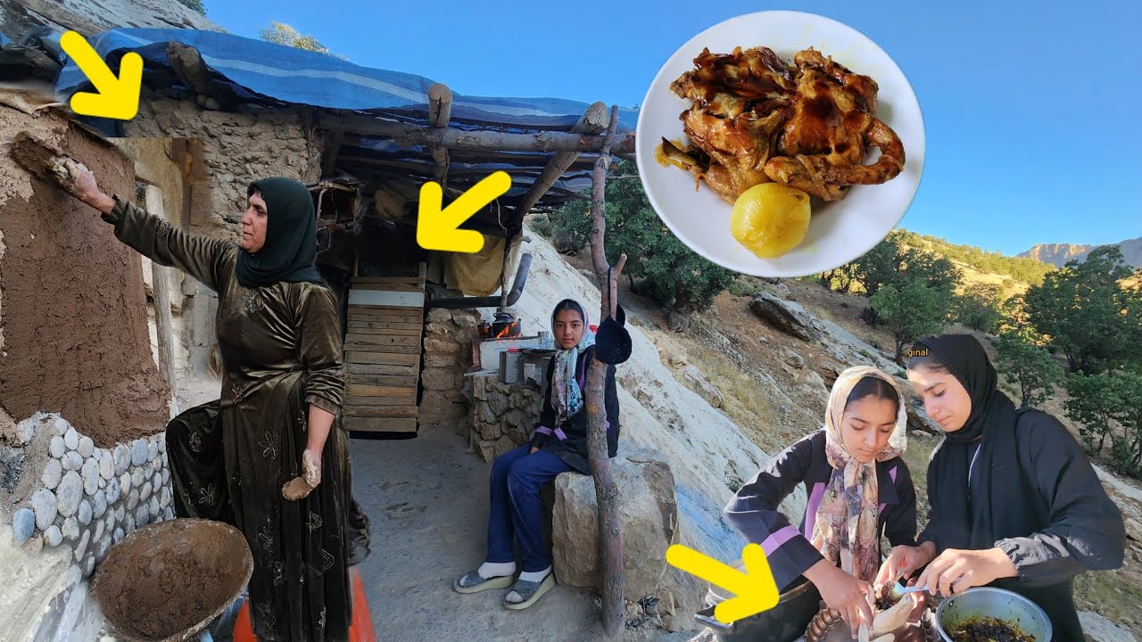 Mother and two daughters; building a shelter on top of a cliff and cooking next to a cave