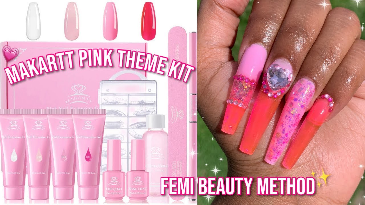 PINK POLYGEL KIT FROM MAKARTT | Femi Beauty Method | Glitter Negative Space | Tutorial For Beginners