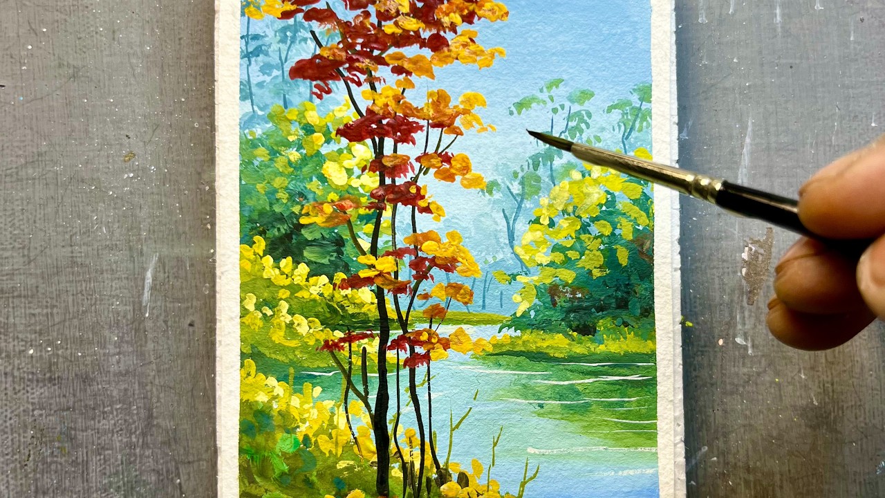 Simple River and Trees Landscape Painting Tutorial