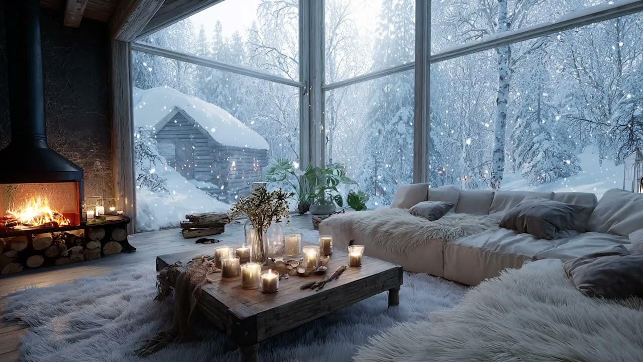 Snowy Piano Lounge Ambience | White Flowers and Fireplace Glow for 5 Hours Calm