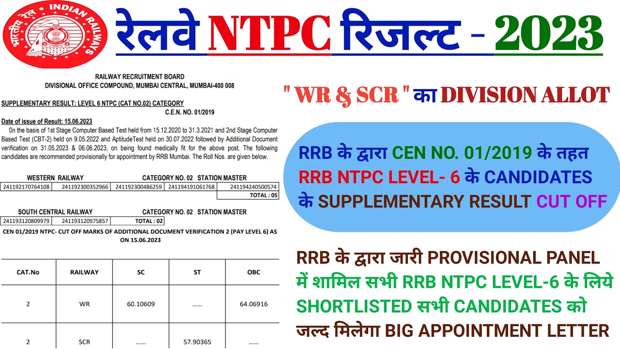 रेलवे ख़ुश खबरी NTPC लेवल 6 रिजल्ट RRB NTPC LEVEL 6 SUPPLEMENTARY रिजल्ट & कट ऑफ  2023 #rlyinfo