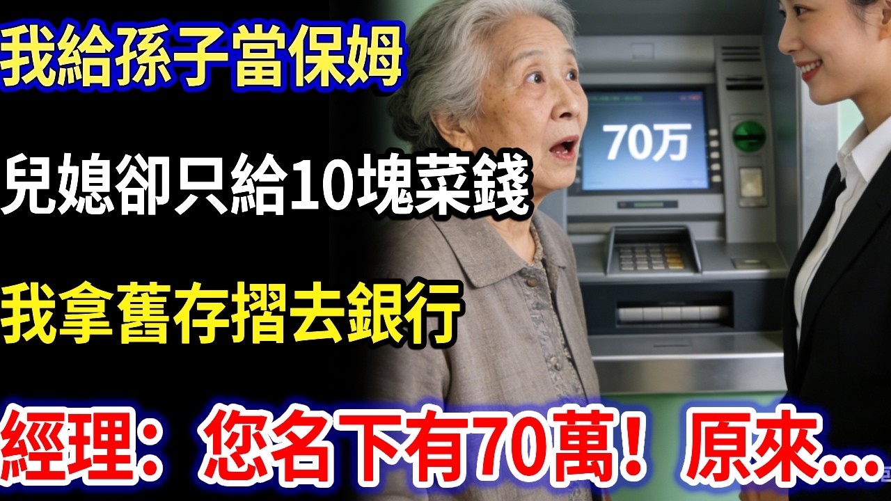 我給孫子當保姆，兒媳卻每天只給10塊菜錢。我73歲去取養老金時，銀行經理對我説，您經理：您名下有70萬！原來...#家庭故事 #感人故事 #家庭倫理 #感人故事 #真實生活