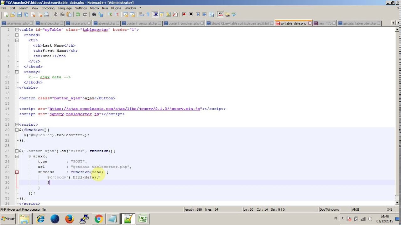 tablesorter js problem : cannot sort the table from ajax request