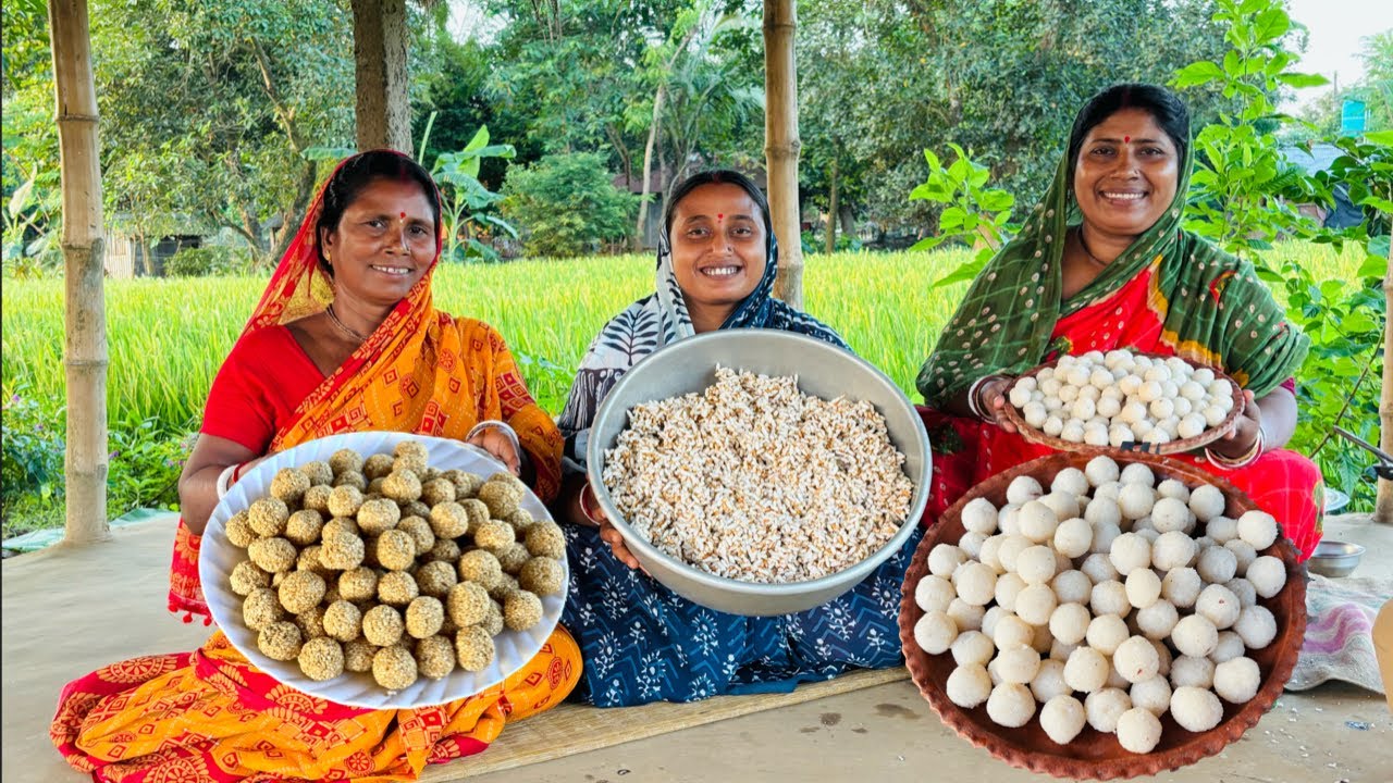 পুজোর আনন্দে তিলের নাড়ু, নারকেল নাড়ু আর খৈ পাক দেওয়া। Naru Recipe..