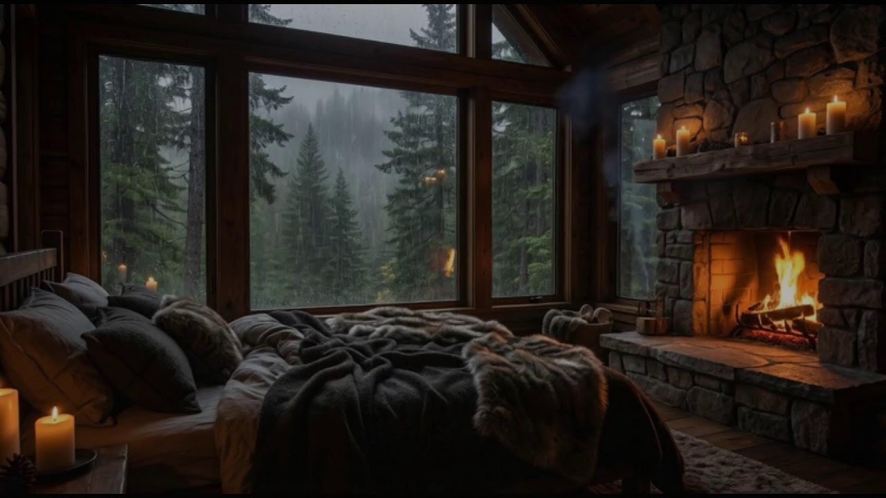 Relaxing Heavy Rain in a Cozy Forest Cabin with Fireplace & Thunder for Sleep