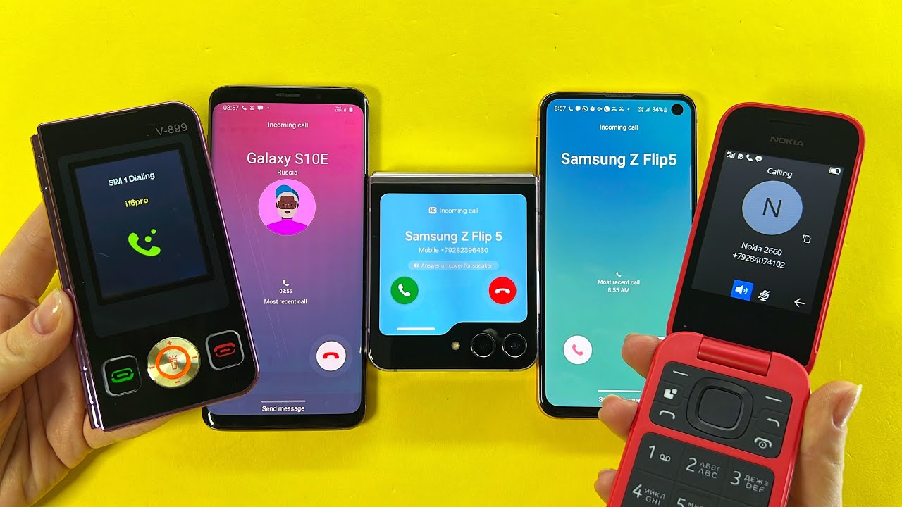 Incoming Call Samsung Z Flip 5 + iFold V-899 + Nokia 2660 | Outgoing Call Samsung S9 + S10e 