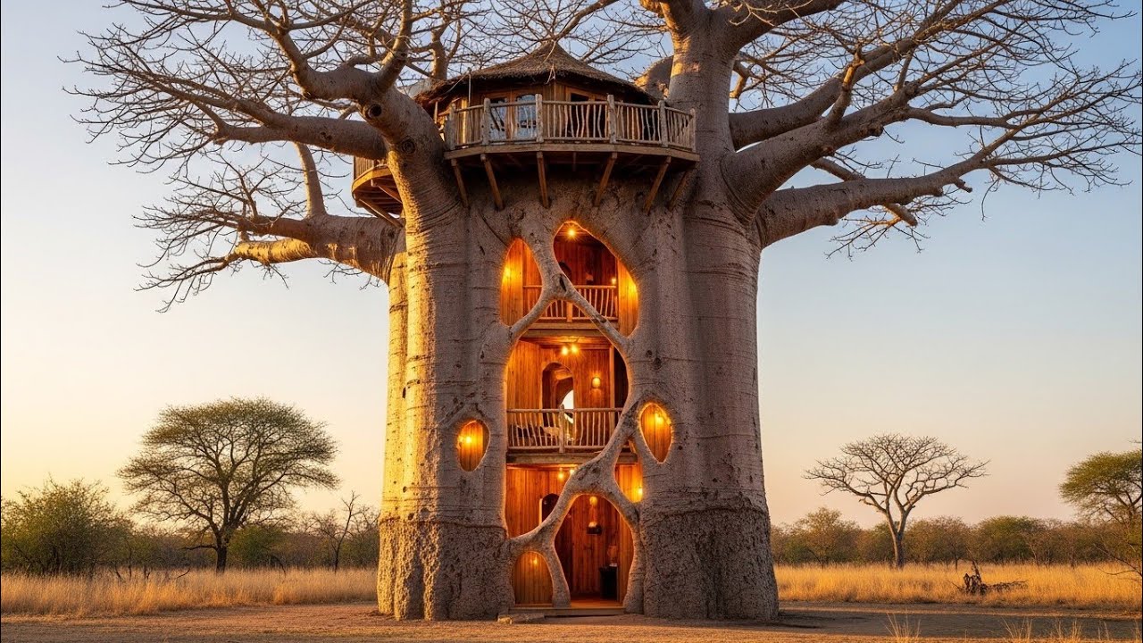 I Turned a Damaged Baobab Tree into a 3-Story Survival Treehouse (ASMR)
