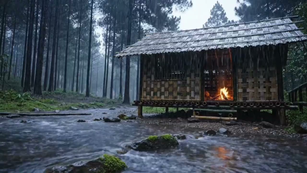 Heavy Rain on a Riverside Forest Cabin with Warm Fireplace Glow – Cozy Night Ambience for Deep Sleep