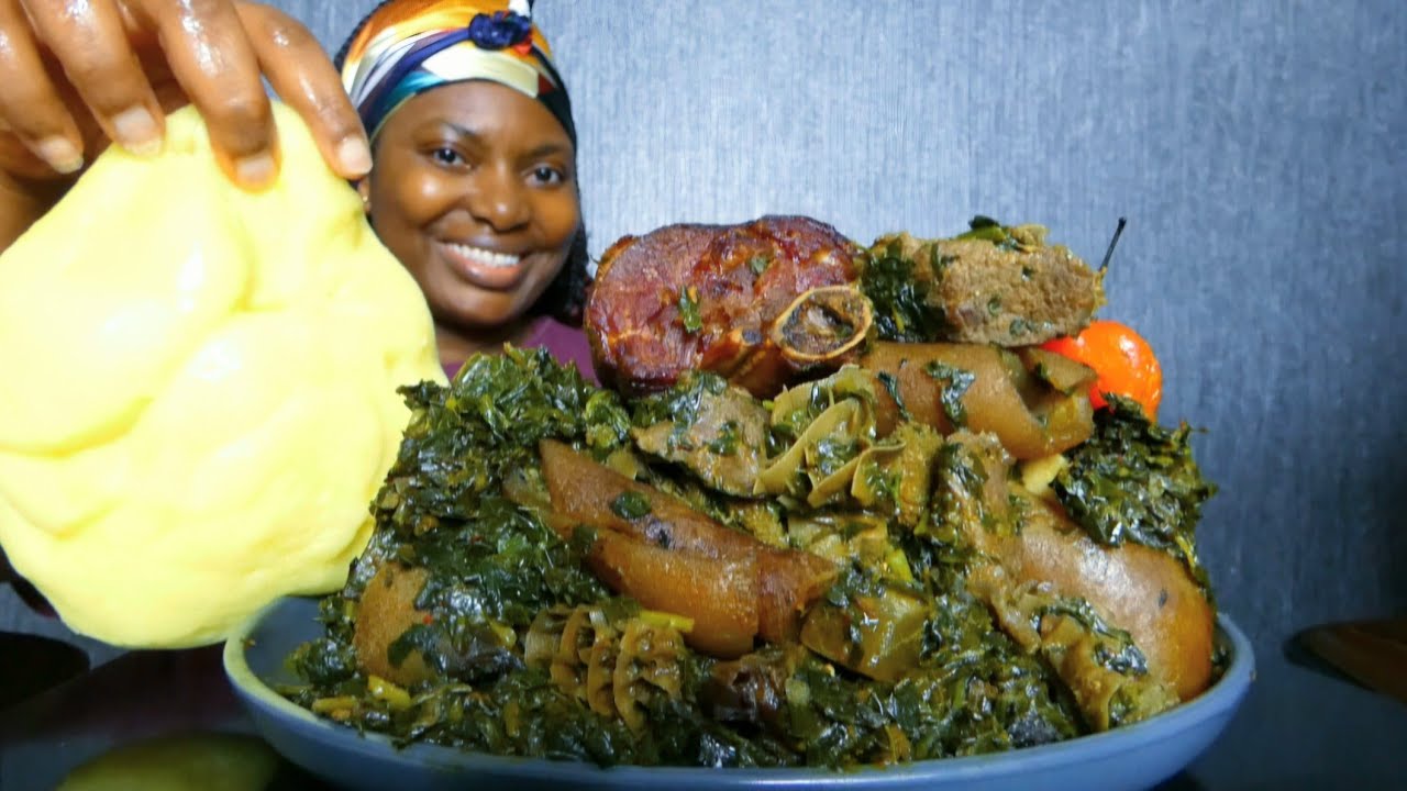 Asmr mukbang  assorted meat edikang ikong soup with plantain fufu / Nigerian food