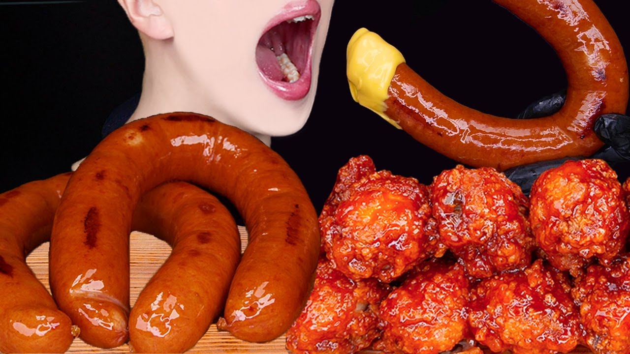 ASMR KIELBASA SAUSAGE BBQ FRIED CHICKEN NUCLEAR FIRE SAUCE COOKING MUKBANG 소세지 양념치친 먹방 EATING SOUNDS