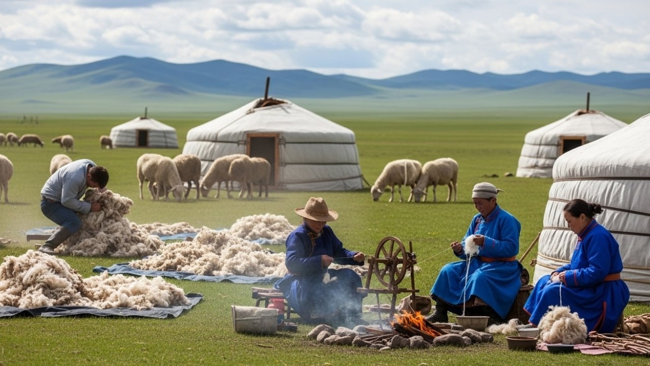 NOMAD LIFE  Mongolian Nomads Shearing Sheep and Making Wool Clothing
