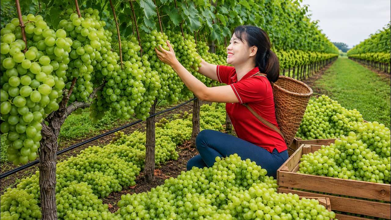 Harvesting Giant King Grapes | Fresh Fruit Basket Full - Ready for The Long Market Day
