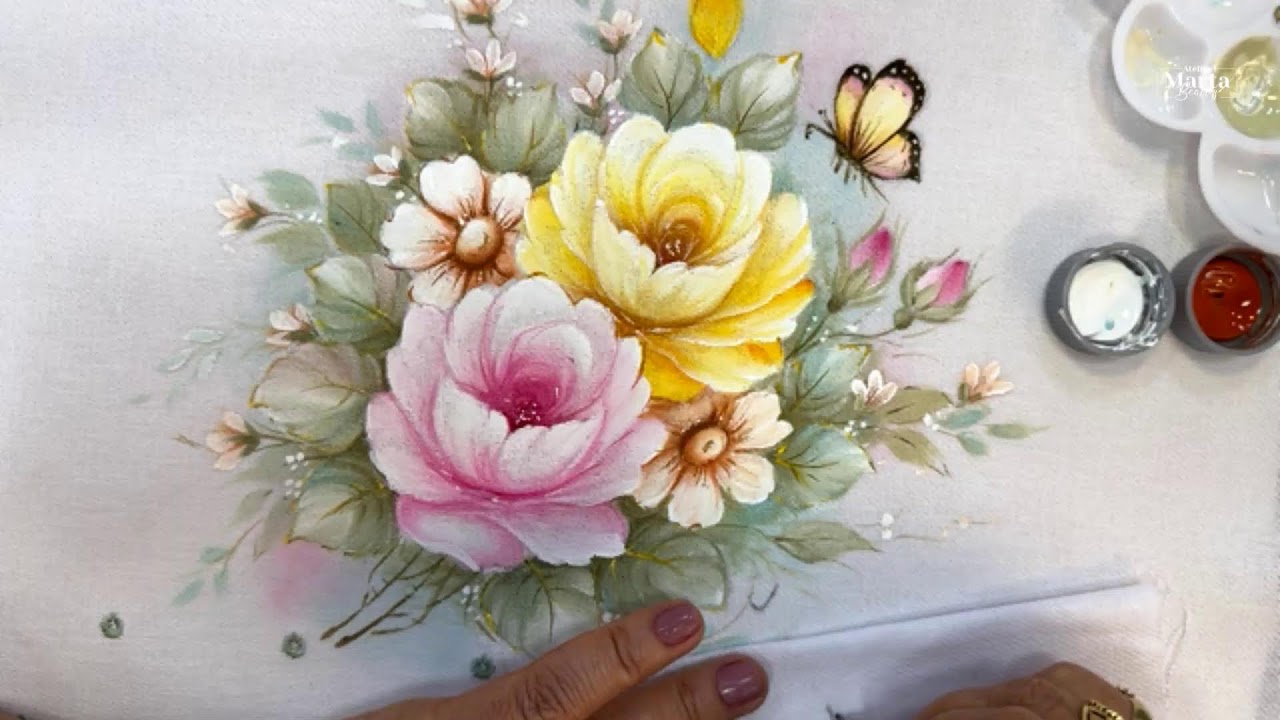 Como Pintar Arranjo de Rosas com Borboletas- Clube Pintando Sonhos-  LIVE 74