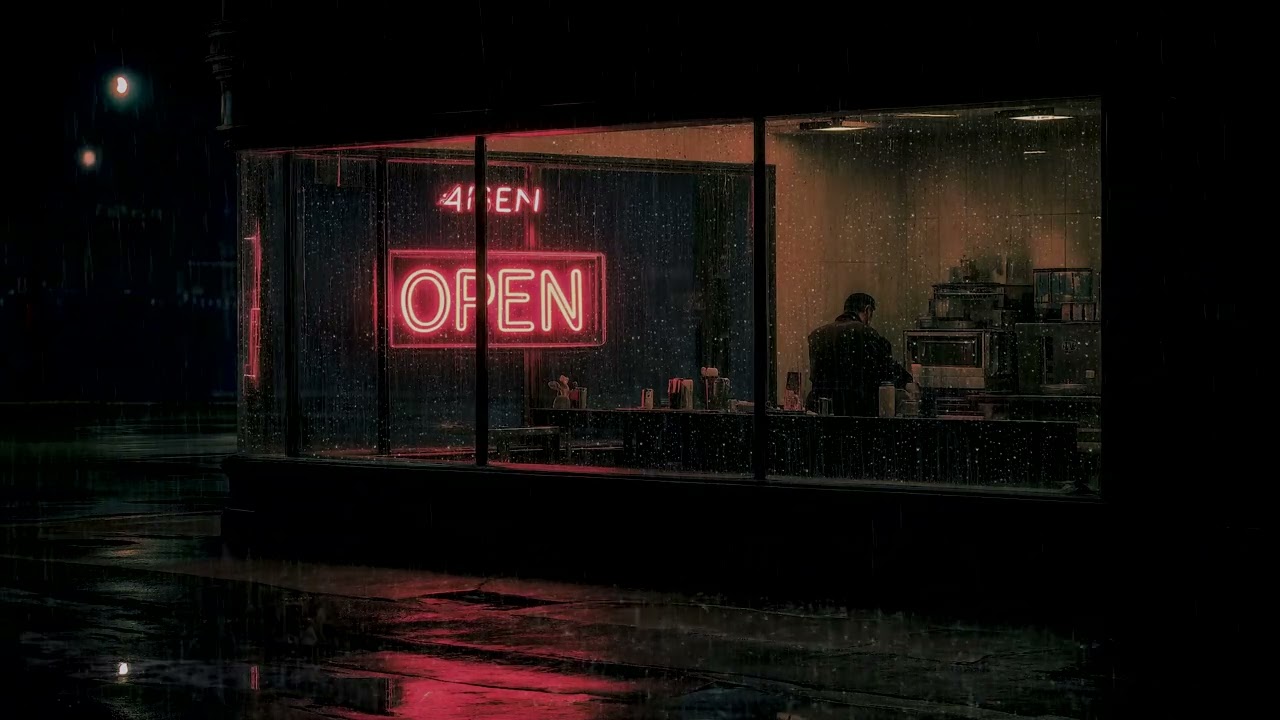 A lonely man working in a quiet late night diner during gentle rain | Rain Sounds ASMR
