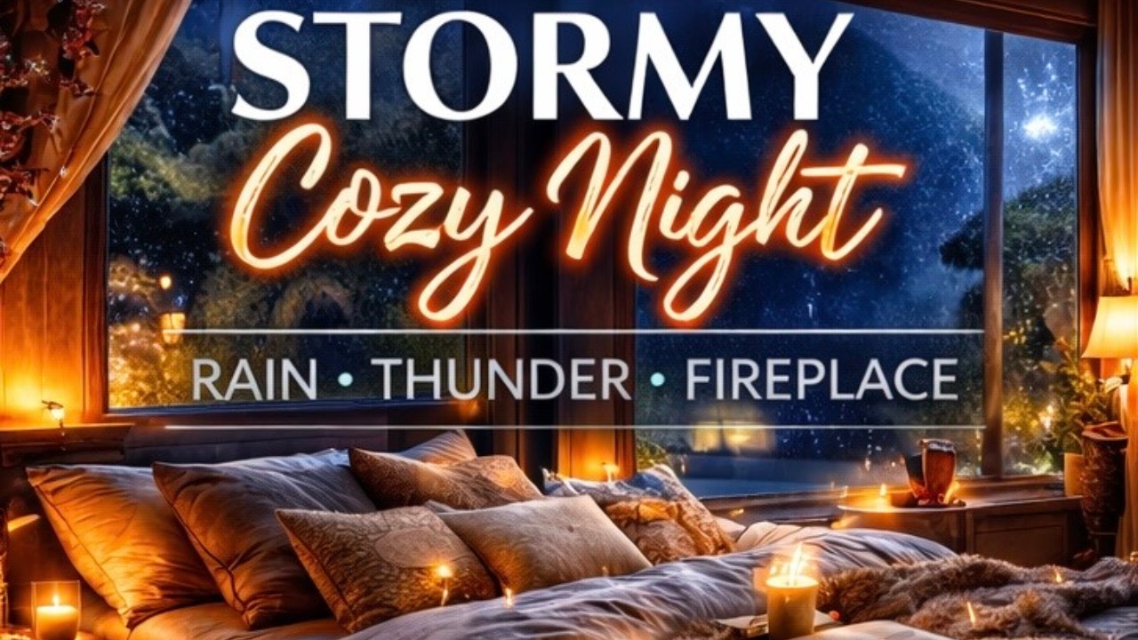 Cozy Rainy Bedroom Thunderstorm & Fireplace Sounds • 10 Hour Deep Sleep Ambience