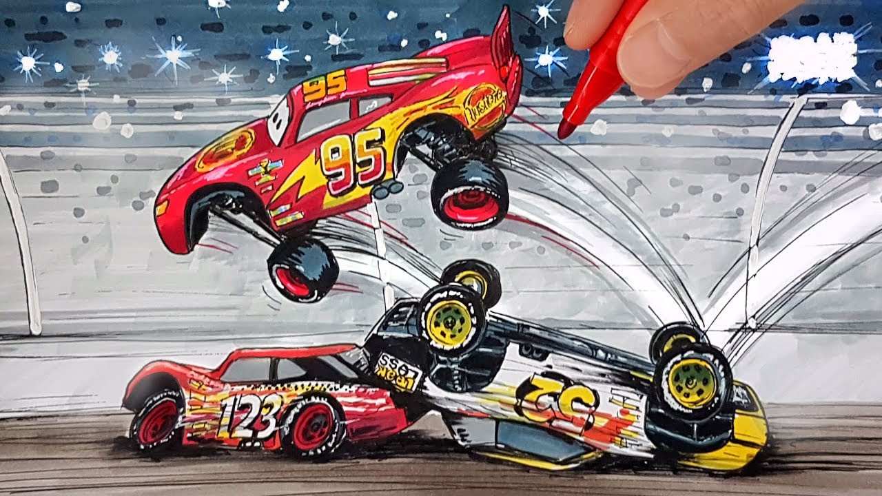 Draw CARS LIGHTNING McQUEEN jumping over Claude Scruggs drawing for kids coloring pages Tim Tim TV