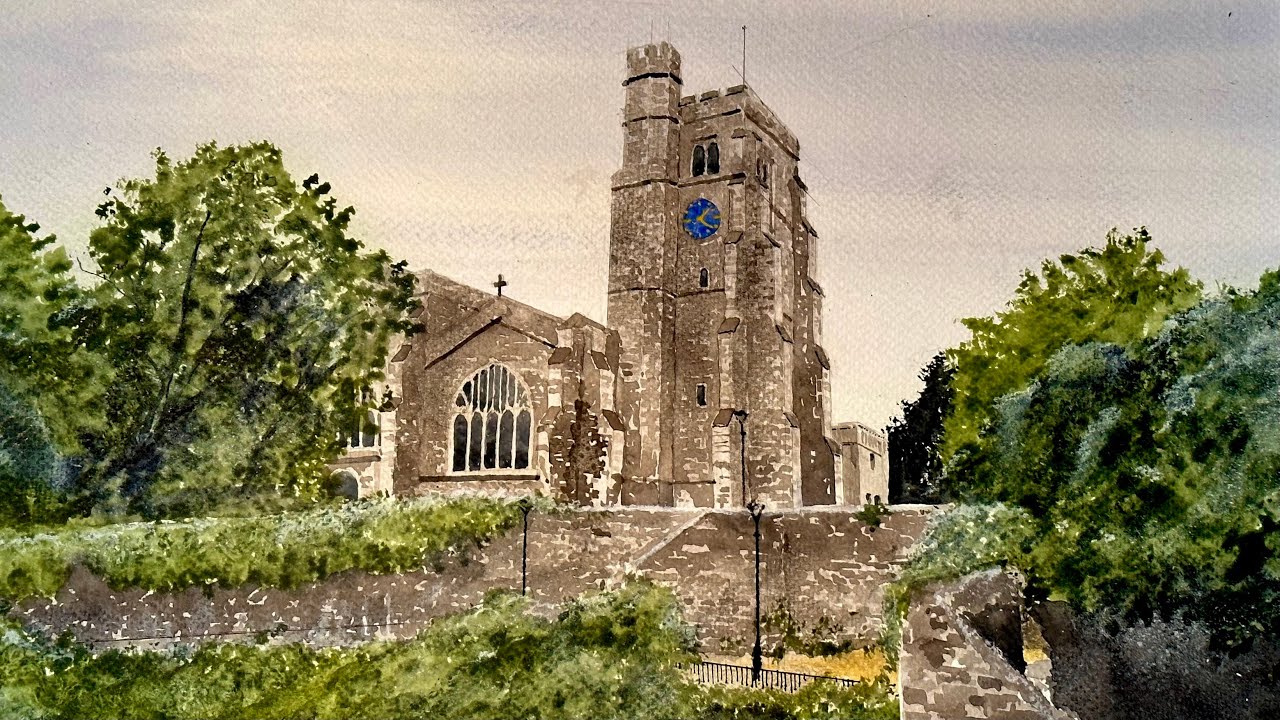 Original Watercolour Painting/All Saints Church/Maidstone/Archbishop's Palace/England/James Art/UK