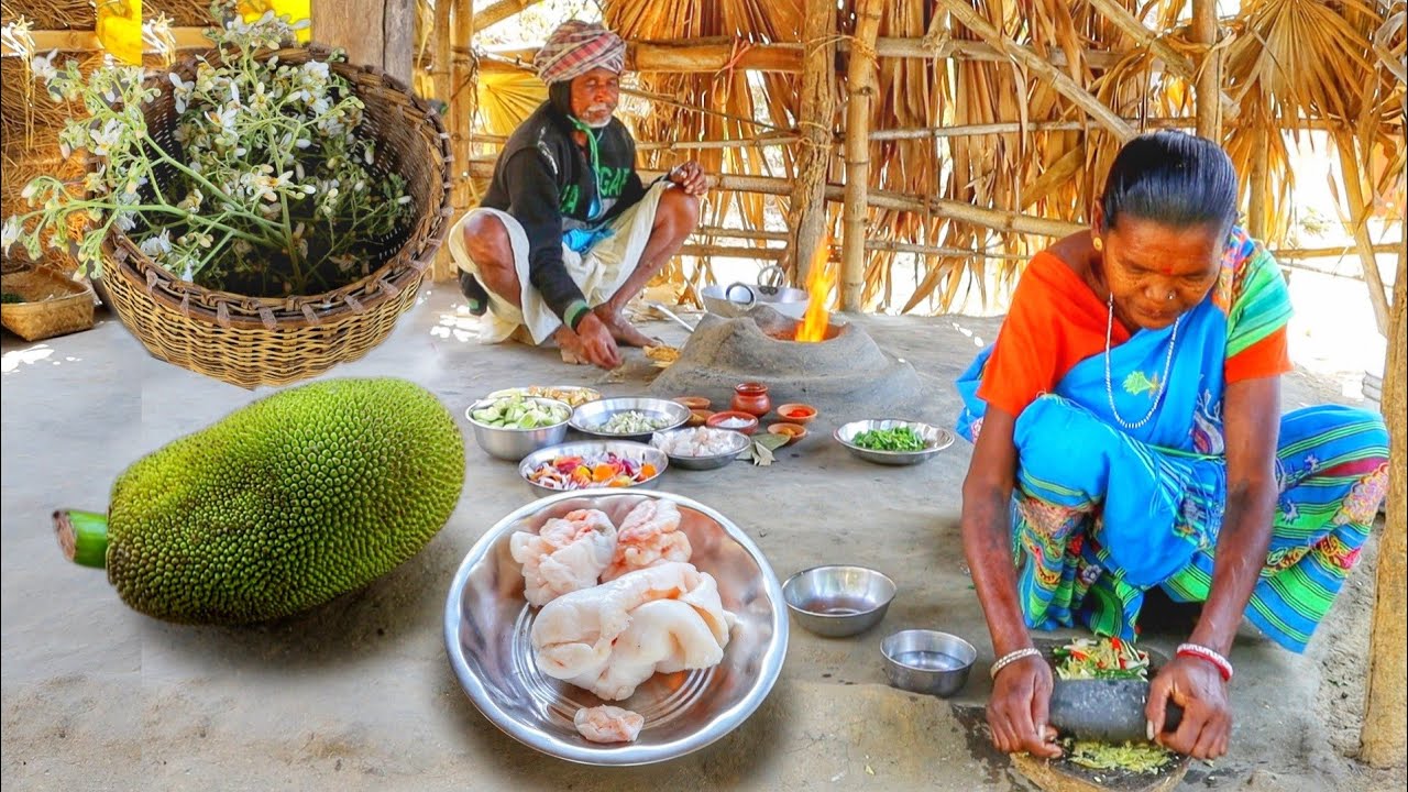 jackfruit with mutton fat and moringa flower recipe cooking by our santali tribe grandma