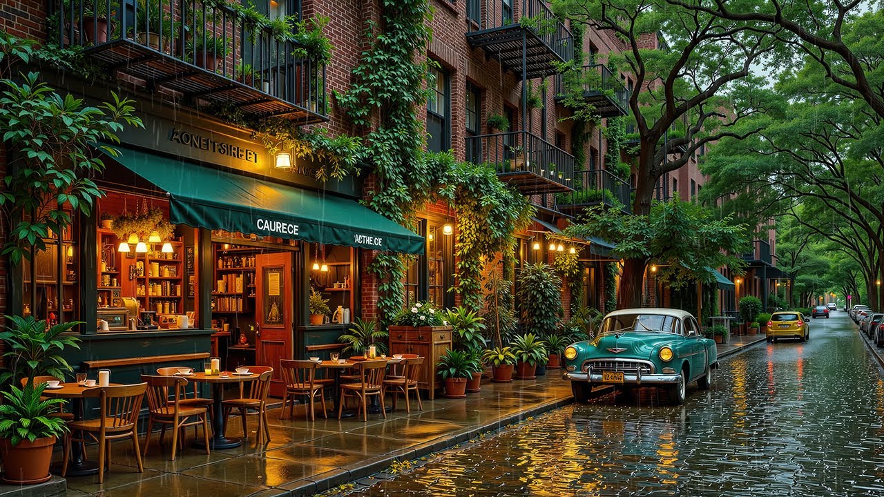 Rainy European Café Jazz - Vintage Street Ambience with Mellow Piano Jazz for Work & Study