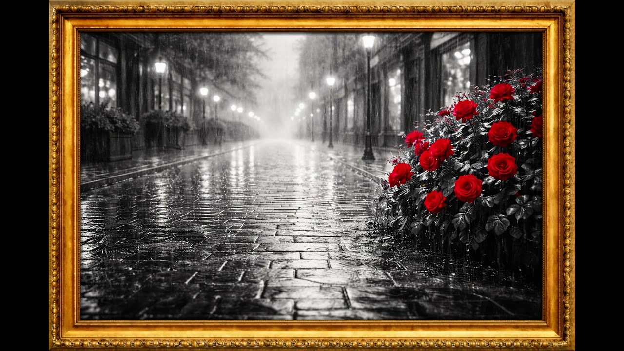 Framed Art for TV | Aesthetic Rainy Day in 4K | Black & White Wall Art with Red Color Splash