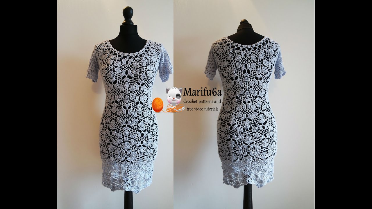 How to crochet grey dress with flower motifs  by marifu6a