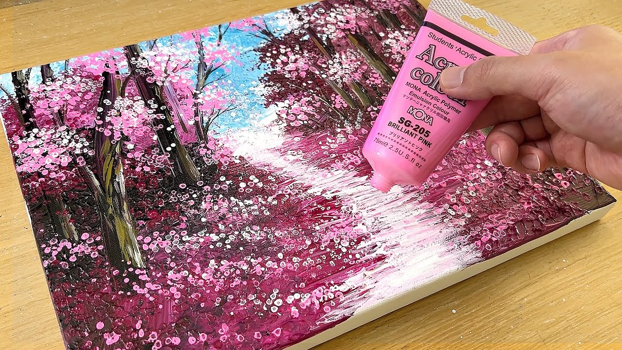Painting a Pink Field / Acrylic Painting Techniques / Drawing a Road
