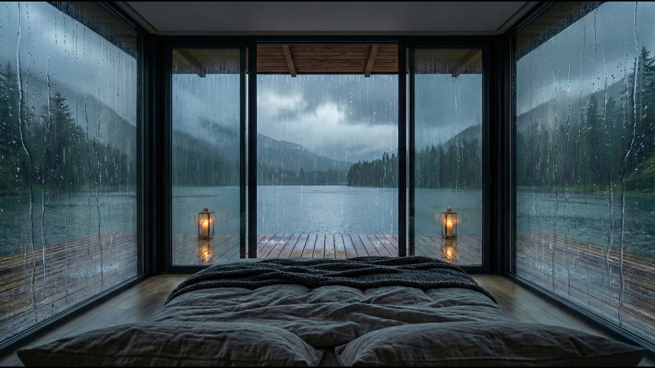 Rainy Lake Cabin Bedroom 🌧️ Cozy Night Rain Sounds for Deep Sleep, Relaxation & Stress Relief